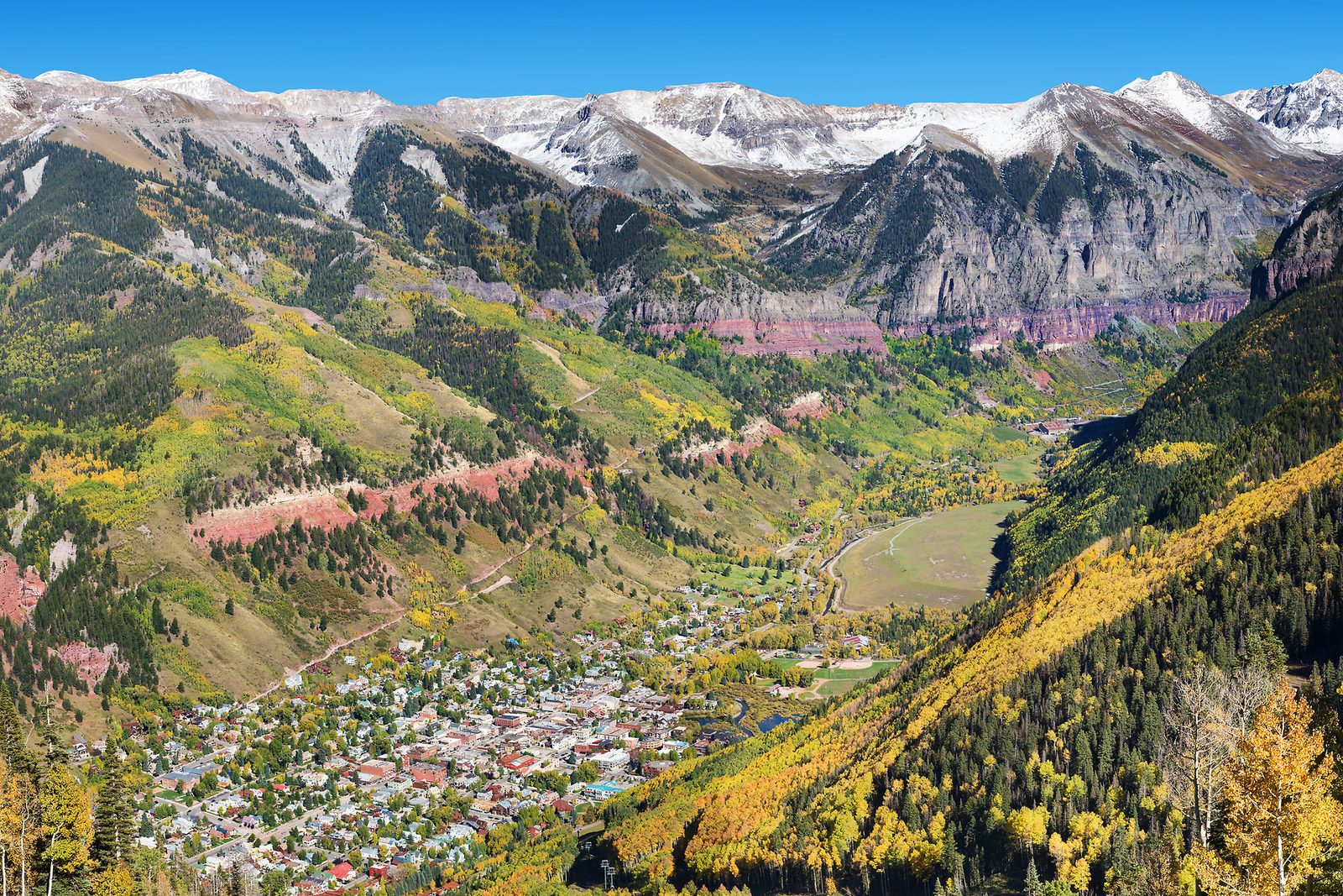 Aerial view of the town of Telluride in its box canyon valley, surrounded by mountains